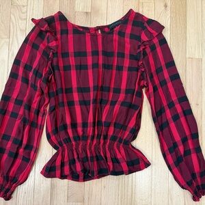 Sanctuary Red and Black Plaid Ruffle Blouse